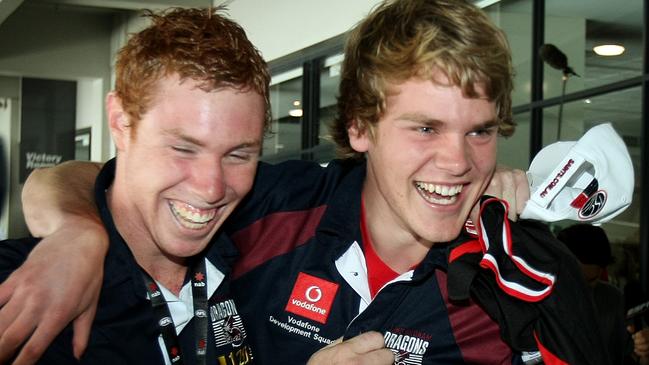 Jack Watts hugs mate Tom Lynch after both were drafted in the first round.