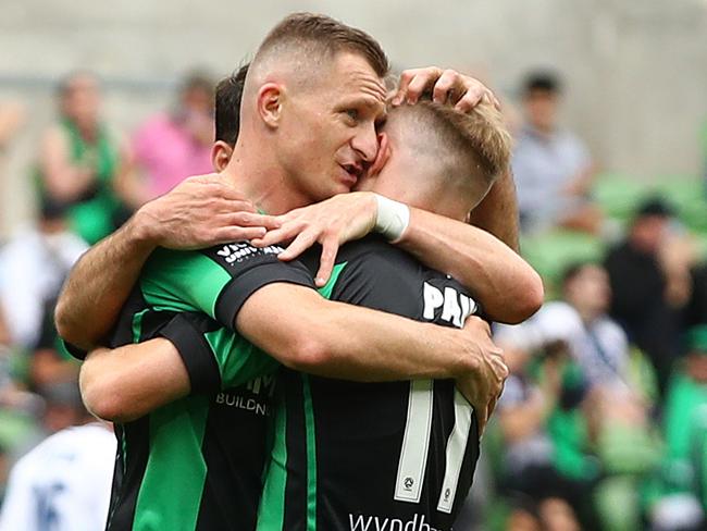 MELBOURNE, AUSTRALIA - JANUARY 30: Besart Berisha of Western United celebrates after scoring a goal only for it to be overturned by VAR during the A-League match between Western United and the Melbourne Victory at AAMI Park, on January 30, 2021, in Melbourne, Australia. (Photo by Robert Cianflone/Getty Images)