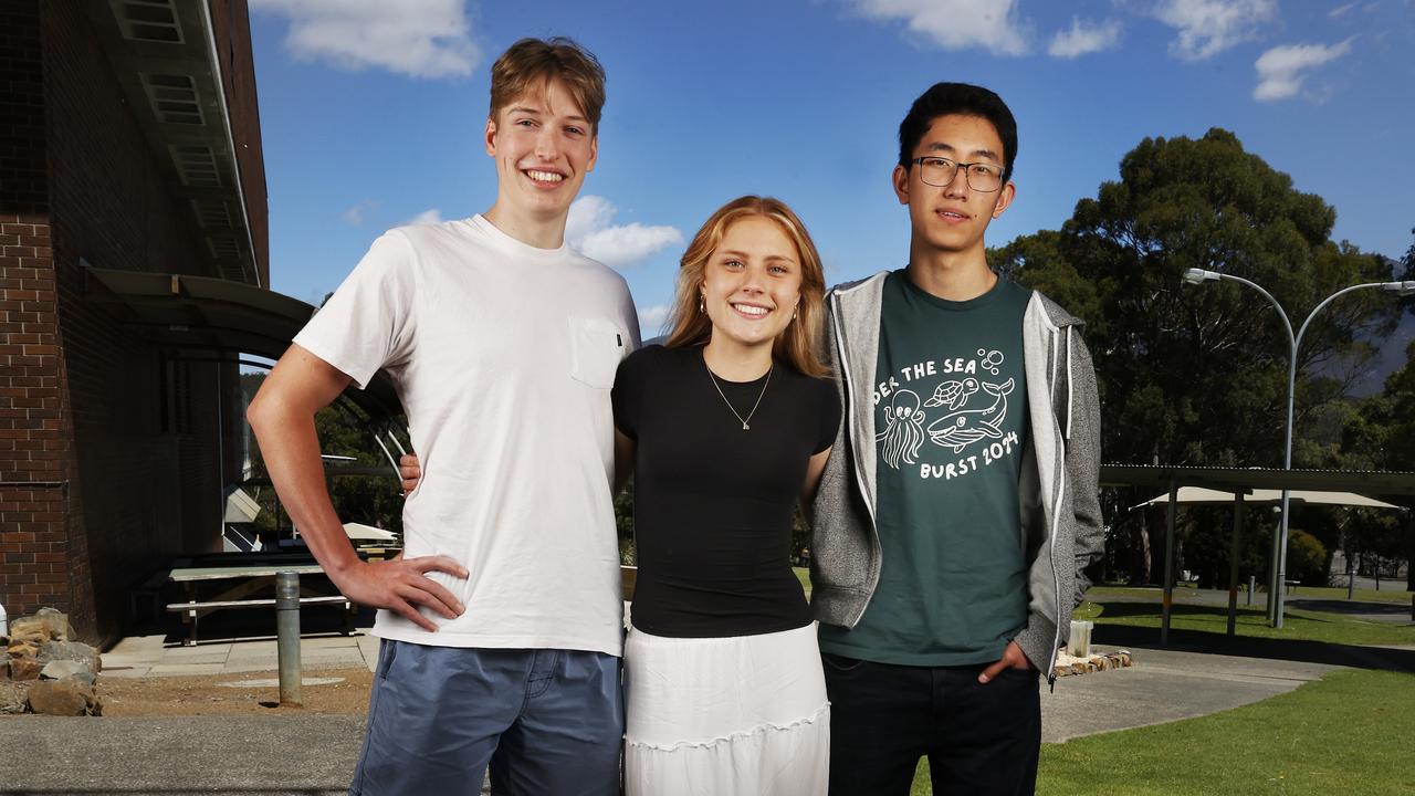 Addie Hawkes 17 who scored 99.90, Hannah Wigston 18 who scored 99.85, Jacob Ren 17 who scored 99.95 which is the highest ATAR score possible. Some of the top TCE performers at Hobart College. Picture: Nikki Davis-Jones