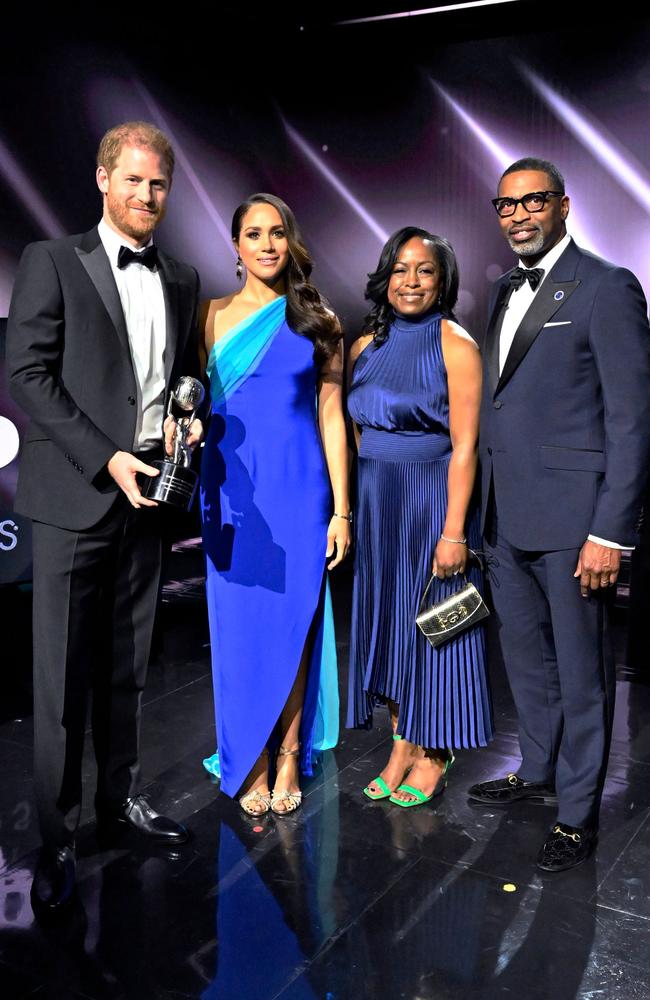 L-R: Prince Harry, Meghan Markle, Tamika Johnson and Derrick Johnson, President and CEO of the NAACP, at the NAACP Image Awards Show. Picture: Picture: Earl Gibson III/Shutterstock