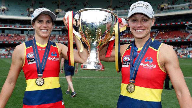 Our experts are on the fence about the Crows’ chances of claiming back-to-back AFLW flags without Chelsea Randall (left) and with a recovering Erin Phillips. Picture: Michael Willson/AFL Photos