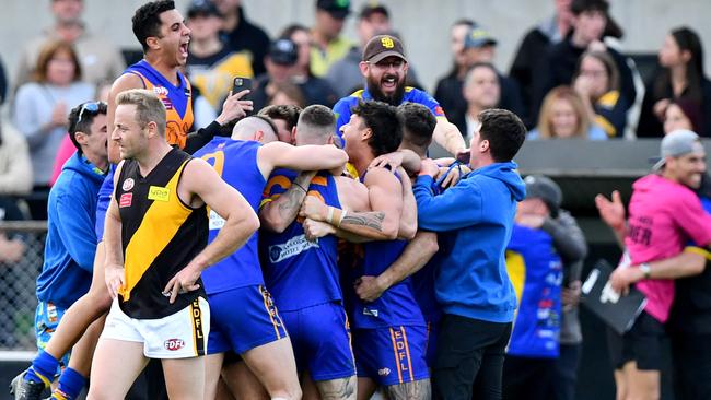 Taylors Lakes celebrate winning the Essendon District Football League Division Two grand final match. Photo by Josh Chadwick