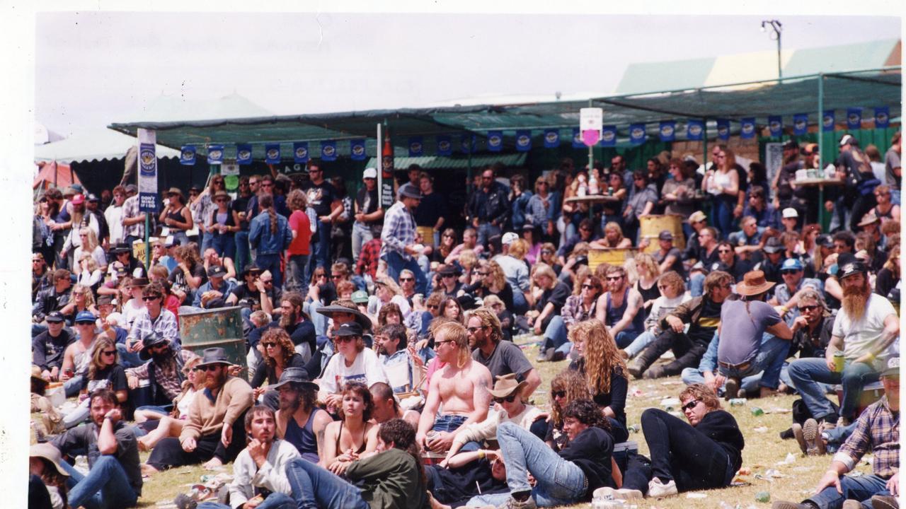 Music fans at Ponde rock music festival, held by the Hell's Angels Motorcycle Club in Ponde near Mannum, SA, 21 Feb 1993.