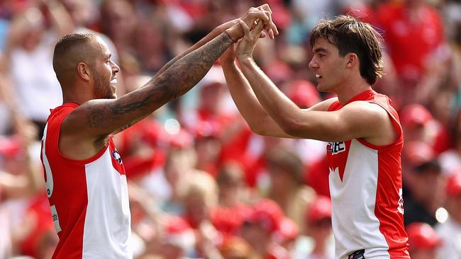 Lance Franklin celebrates kicking a goal with his heir apparent at Sydney Logan McDonald in the Swans win over Adelaide at the SCG in Round 2. Picture: Getty Images