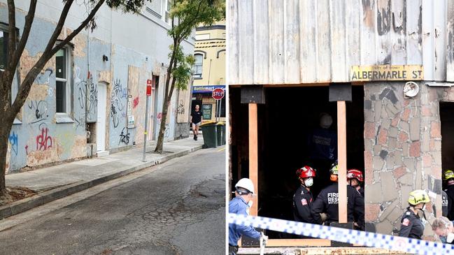 Left: the part-restored facade of Vajda House. Right: FRNSW crews inside the gutted house after a massive arson fire.