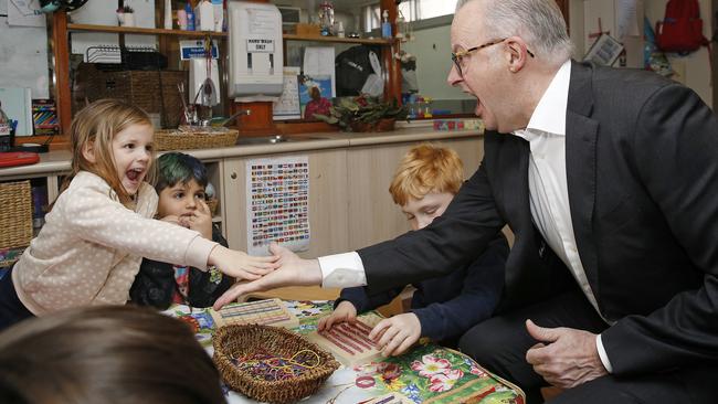 Anthony Albanese greets children at the Styles Street Children’s Community Long Day Care Centre in Leichhardt in Sydney’s inner west, after announcing a 15 per cent pay rise for childcare workers. Picture: NewsWire / John Appleyard