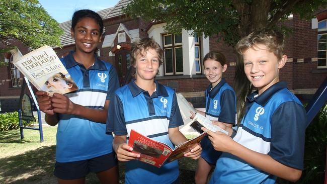 Chilwell Primary students Sayuni Dharmasena, Henry George, Annabel Zanoni and Archie Sleep, whose assistant principal says NAPLAN should be aligned to other assessments. Picture: Alan Barber