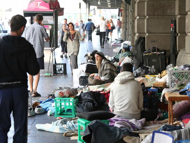 The homeless camp outside Flinders Street Station on Thursday, January 19, 2017, in Melbourne, Victoria, Australia. Picture: Hamish Blair