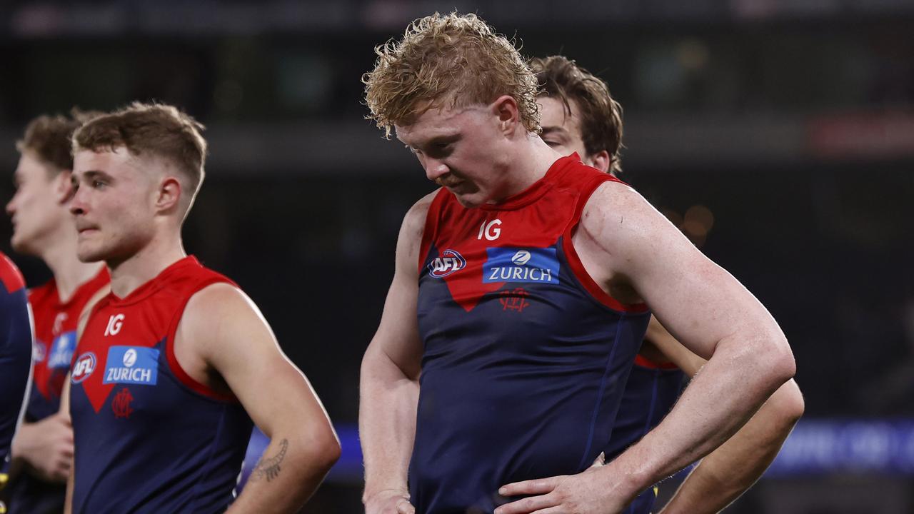 MELBOURNE, AUSTRALIA - AUGUST 02: A dejected Clayton Oliver of the Demons is seen the round 21 AFL match between Footscray Football Club and Melbourne Demons at Marvel Stadium, on August 02, 2024, in Melbourne, Australia. (Photo by Darrian Traynor/Getty Images)