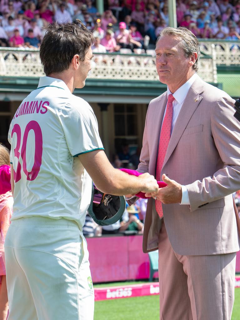 Australian captain pat Cummins greets Glen McGrath. Picture Thomas Lisson