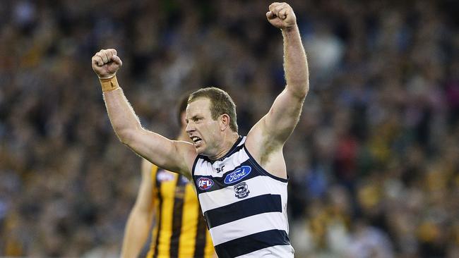 Steve Johnson kicks a goal against Hawthorn in 2014. Picture: Jason Edwards