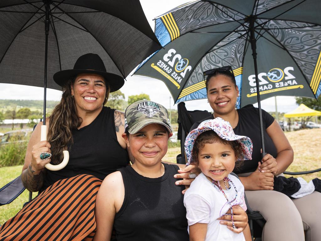 Supporting the William Taylor Memorial team are Melissa Chalmers, Willow Chalmers, Avarnii Dempsey-Currie and Bianca Currie at the Warriors Reconciliation Carnival women's games at Jack Martin Centre hosted by Toowoomba Warriors, Saturday, January 18, 2025. Picture: Kevin Farmer