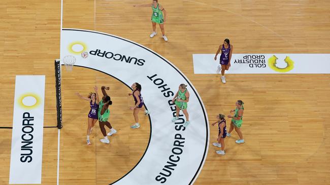 Jhaniele Fowler of the Fever puts a shot up in Super Netball. Picture: Paul Kane/Getty Images