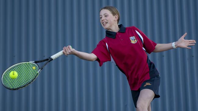 Bridget Mihulka plays a shot during training at Maribyrnong College. Picture: Andy Brownbill