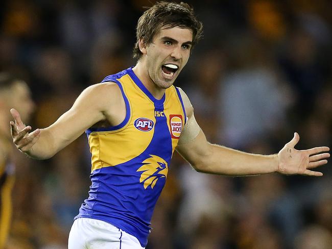 AFL Round 10. 27/05/2018. .Hawthorn v West Coast at Etihad Stadium.  West Coast's Andrew Gaff  celebrates his goal in the third quarter    . Pic: Michael Klein