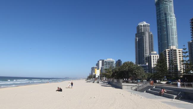 Surfers Paradise beach in lockdown during August. Picture: Richard Gosling.