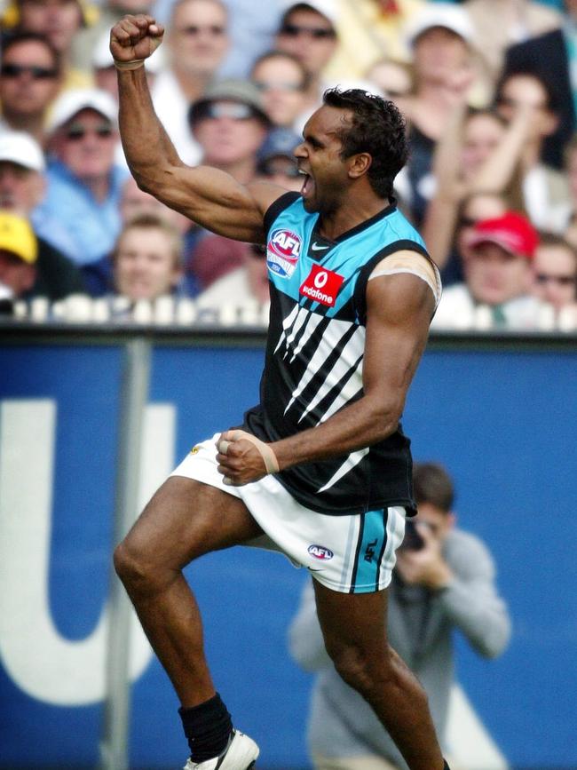 Norm Smith Medallist Byron Pickett celebrates a goal during Port Adelaide’s 2004 grand final win.