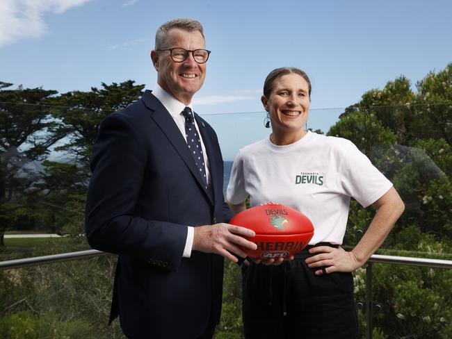 Tasmania Devils chair Grant O'Brien with executive director Kath McCann. Picture: Nikki Davis-Jones