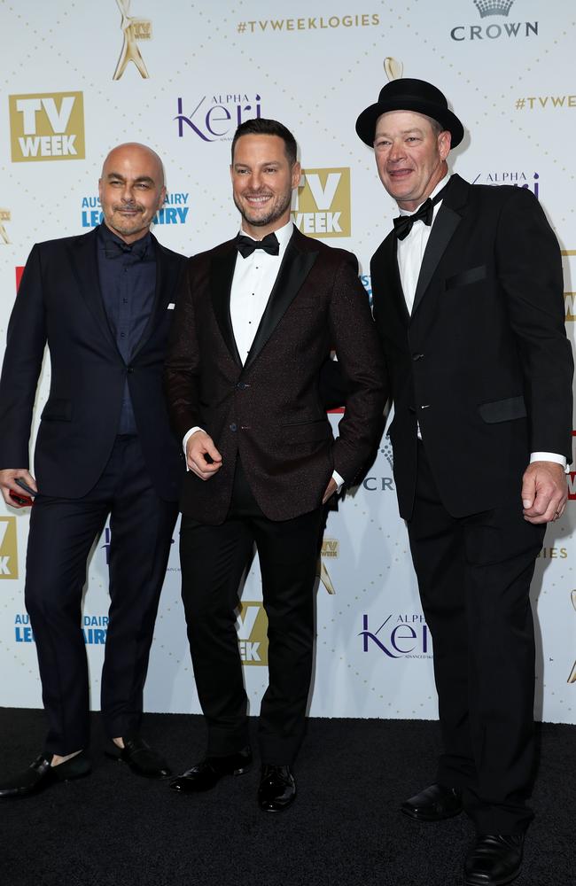 Neale Whitaker, Darren Palmer and Keith Schleiger from The Block arrive at the 58th Annual Logie Awards at Crown Palladium on May 8, 2016 in Melbourne, Australia. Picture: Robert Cianflone/Getty Images