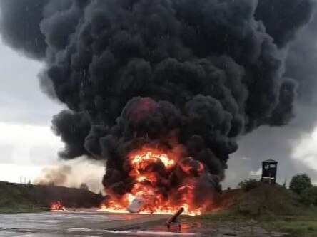 One of Vladimir Putin's prized Tu-22 supersonic bombers engulfed in flame after a suspected Ukrainian drone attack. Picture: Supplied