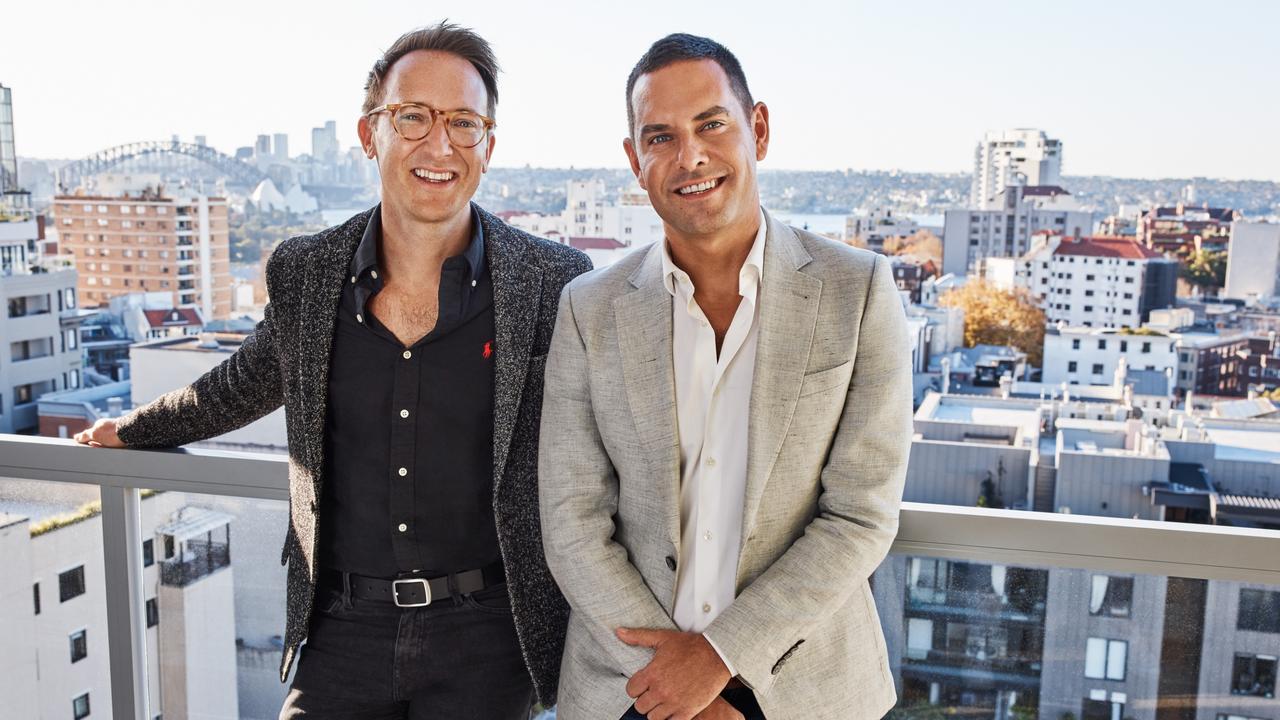 Victor Hoeld and Alex Greenwich on the balcony of their Sydney home. Picture: Cara O'Dowd