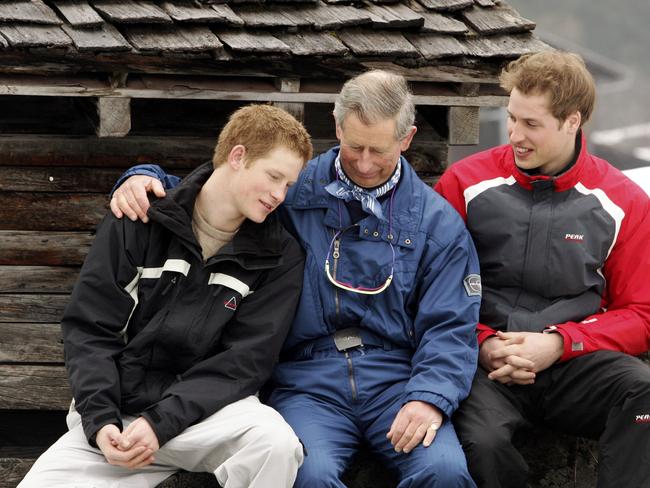 HRH Prince Charles poses with his sons Prince William (R) and Prince Harry (L) during the Royal Family's ski break at Klosters on March 31, 2005 in Switzerland. Picture: Getty