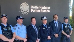 Eight new police officers are set for deployment in the Coffs/ Clarence district, targeting domestic violence, terrorism and organised crime. Coffs Harbour MP Gurmesh Singh, Acting Premier Paul Toole, Superintend Steve Clarke with officers from the Coffs-Clarence Police force. Picture: Matt Gazy