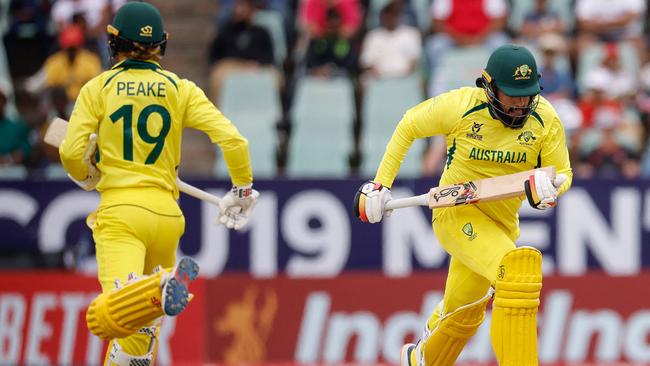 Australia's Harjas Singh and Oliver Peake run between the wickets during the under-19 World Cup final in South Africa. Picture: Phill Magakoe.