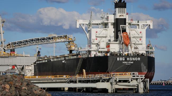 Coal carrier BBG Honor Hong Kong is loaded with coal in the Port of Newcastle. Picture: Liam Driver