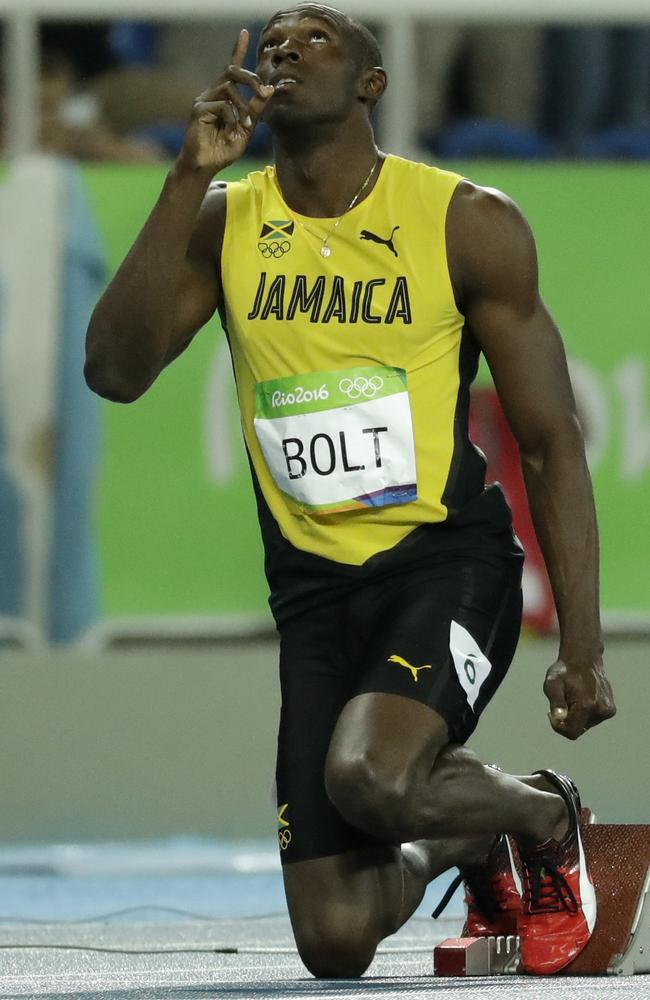 Usain Bolt gestures before the start of the 200m final.