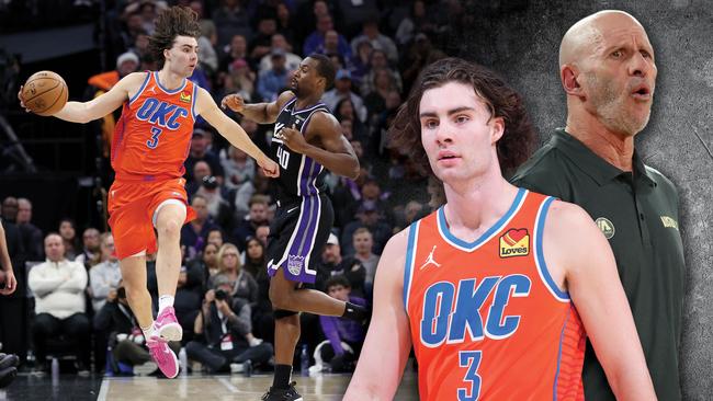 Josh Giddey blocked out the crowd to produce a solid all-round performance for Oklahoma City in Sacramento, as Boomers coach Brian Goorjian watched on. Picture: Getty Images