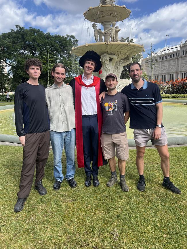 (Nick Hynes, Michael Briggs, Dr Declan O’Shea (they/them) (PhD in Engineering — How climate change impacts flooding) Emile Jasek and Filipe Djordjevic at the University of Melbourne graduations held at the Royal Exhibition Building on Tuesday, December 17, 2024. Picture: Jack Colantuono