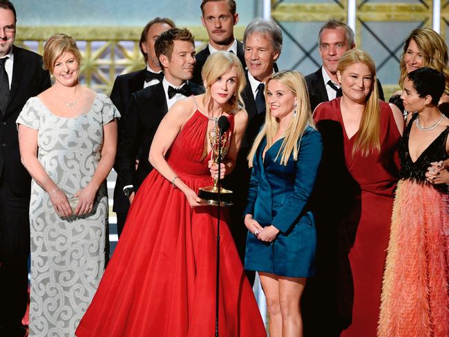 Liane Moriarty (at left) with the <i>Big Little Lies </i>cast and crew accepting an Emmy Award in 2017. Picture: Getty Images