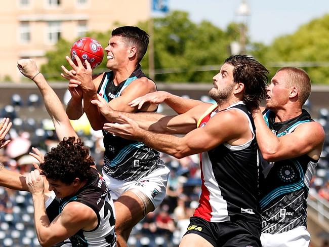 SHANGHAI, CHINA - JUNE 02: Ryan Burton of the Power and Josh Bruce of the Saints compete for the ball during the 2019 AFL round 11 match between the St Kilda Saints and the Port Adelaide Power at Jiangwan Stadium on June 02, 2019 in Shanghai, China. (Photo by Michael Willson/AFL Photos)