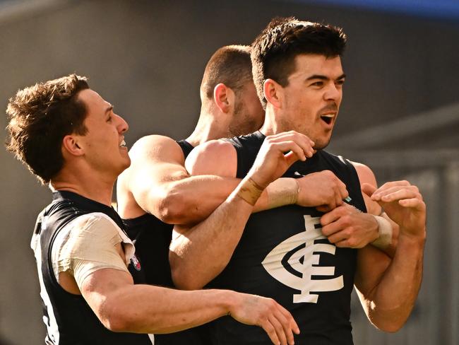 PERTH, AUSTRALIA - AUG 18: Matthew Kennedy of the Blues celebrates a goal during the 2024 AFL Round 23 match between the West Coast Eagles and the Carlton Blues at Optus Stadium on August 18, 2024 in Perth, Australia. (Photo by Daniel Carson/AFL Photos via Getty Images)