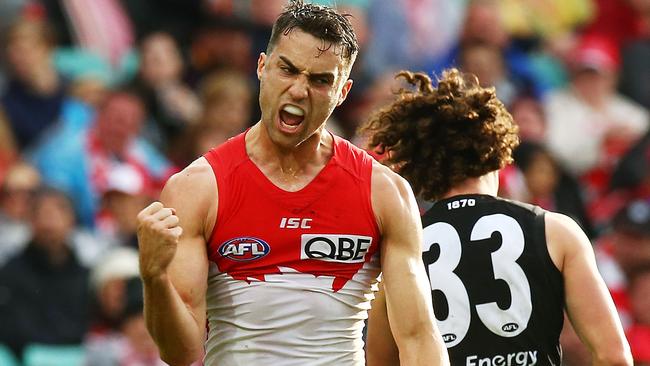 Xavier Richards celebrates a goal for the Swans. Picture: Getty Images