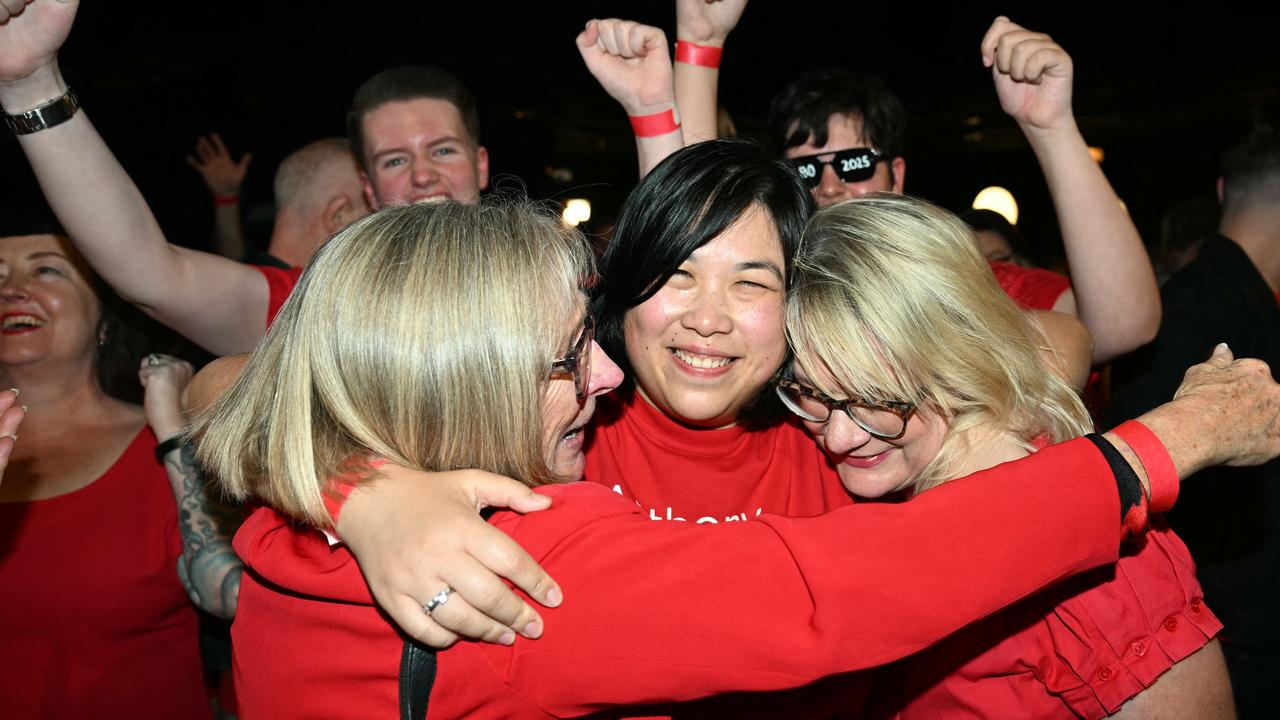 Labor Party supporters react as votes are counted in the general election at the party's election night event in Sydney on May 3, 2025. Picture: Saeed KHAN / AFP