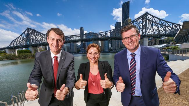 Brisbane Lord Mayor Graham Quirk, Deputy Premier Jackie Trad and Cities Minister Alan Tudge in Brisbane yesterday. Picture: Nigel Hallett