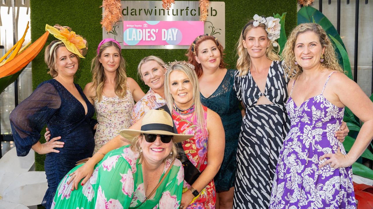 Hayley Currington, Bec Bower, Bec Wigg, Chantel Chapman Lowe, Megan Karpenko, Kobie Brassington, Bec Shean and Meredith Blake at the 2023 Darwin Cup Carnival Ladies Day. Picture: Pema Tamang Pakhrin