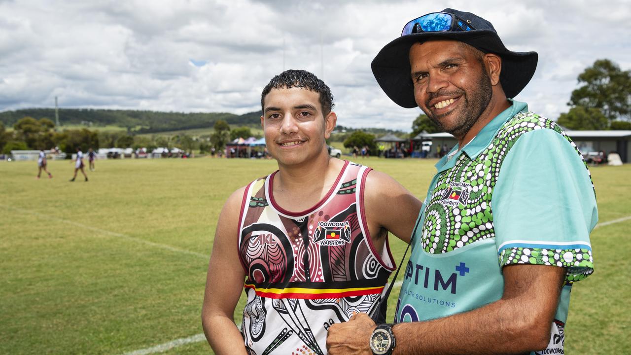 Chris Nelson (left) and Alfred Orcher at the Warriors Reconciliation Carnival women's nines at Jack Martin Centre. Picture: Kevin Farmer