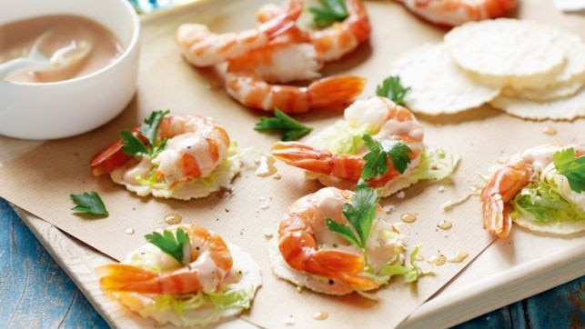 These prawn cocktail canapes are a crowd pleaser (see recipe link at end of article).