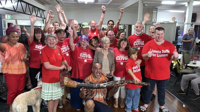 Retained Lismore MP Janelle Saffin celebrates her re-election with supporters.