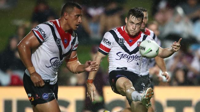 SYDNEY, AUSTRALIA - MARCH 23: Luke Keary of the Roosters kicks during the round two NRL match between the Manly Sea Eagles and the Sydney Roosters at Lottoland on March 23, 2019 in Sydney, Australia. (Photo by Cameron Spencer/Getty Images)