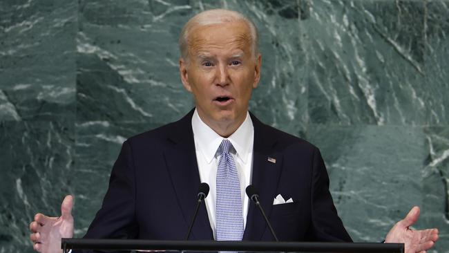 NEW YORK, NEW YORK - SEPTEMBER 21: U.S. President Joe Biden gestures as he speaks during the 77th session of the United Nations General Assembly (UNGA) at U.N. headquarters on September 21, 2022 in New York City. During his remark Biden condemned Russia for its invasion in Ukraine and discussed the United States investment in combatting climate change. After two years of holding the session virtually or in a hybrid format, 157 heads of state and representatives of government are expected to attend the General Assembly in person.   Anna Moneymaker/Getty Images/AFP