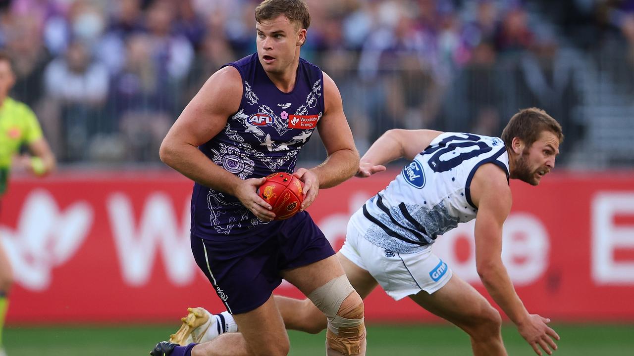 PERTH, AUSTRALIA - MAY 20: Sean Darcy of the Dockers in action during the round 10 AFL match between Walyalup/Fremantle Dockers and Geelong Cats at Optus Stadium, on May 20, 2023, in Perth, Australia. (Photo by Paul Kane/Getty Images)
