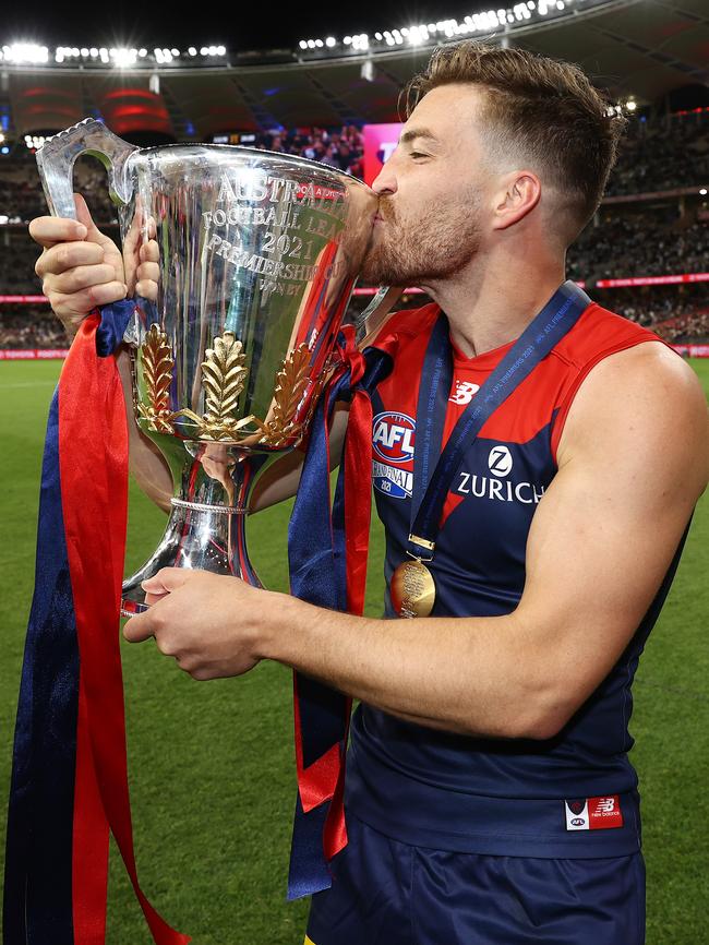 Jack Viney of the Demons kisses the cup after winning the grand final. Picture: Michael Klein