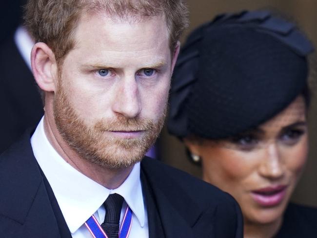 Prince Harry and Meghan, Duchess of Sussex leave after a service for the reception of the Queen’s coffin at Westminster Hall last month. Picture: AFP