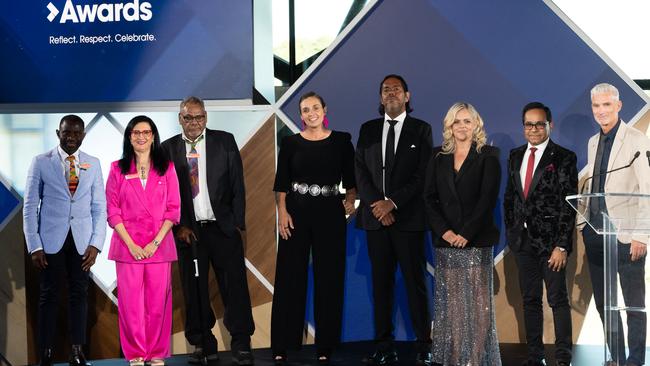 2023 Australian of the Year finalists L-R: John Kamara (Tasmania), Professor Samar Aoun (WA), Samuel Bush-Blanasi (NT), Olympia Yarger (ACT), William Barton (QLD), Taryn Brumfitt (SA), Dr Angraj Khillan (VIC), Craig Foster NSW. Picture: NCA NewsWire / Gary Ramage