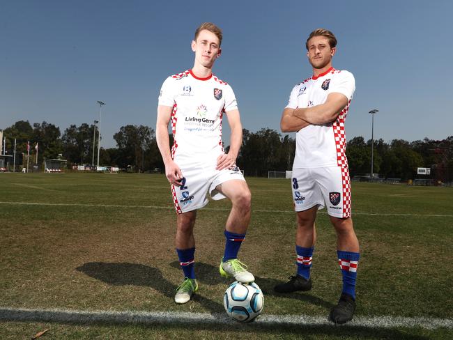 Knights players Jaiden Walker and Max Brown ahead of the  NPL football grand final on Sunday between Gold Coast Knights and Olympic.Photograph : Jason O'Brien