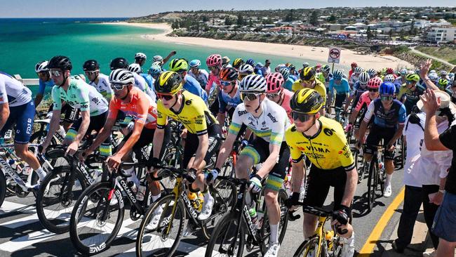 The peloton rides through the Fleurieu Peninsula on Saturday. Picture: Brenton EDWARDS / AFP